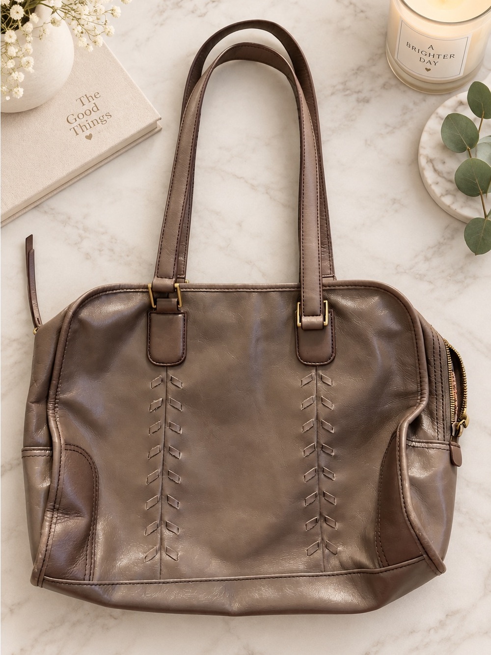 HOBO Taupe Leather Tote Shoulder Bag | Organizer Work Purse